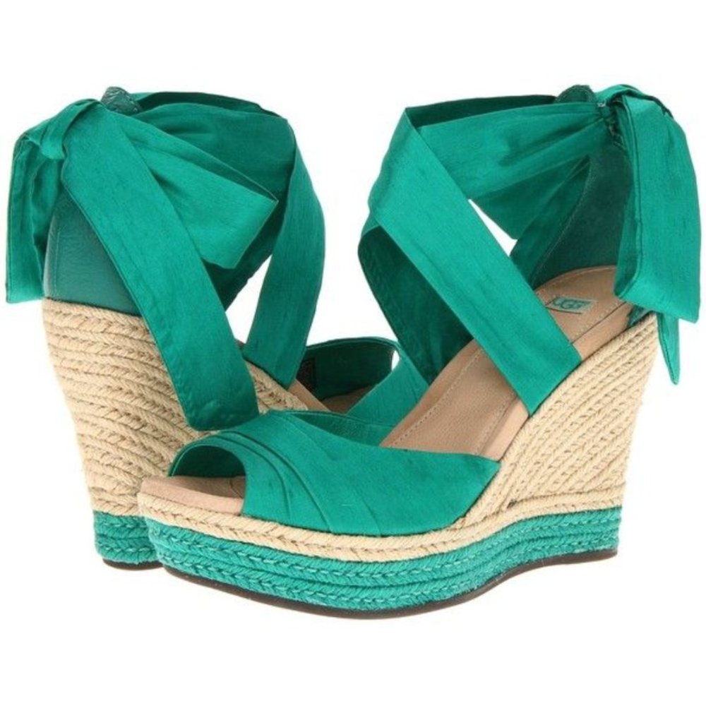 UGG Australia Lucianna Wedge Espadrilles Sandal Teal Silk Ankle Bow size 7.5